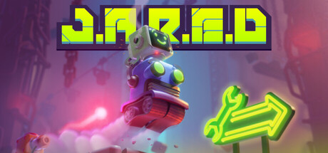 J.A.R.E.D key art: the robot riding a machine through a neon facility
